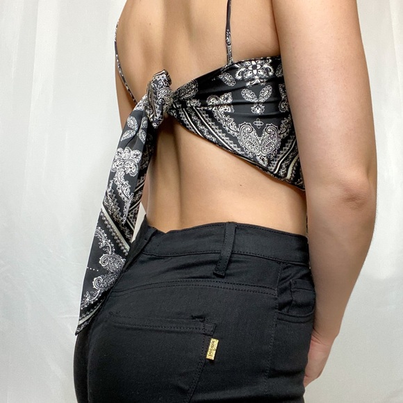 Free Spirit Satin Bandana Print Tie Back Scarf Top - Picture 3 of 3